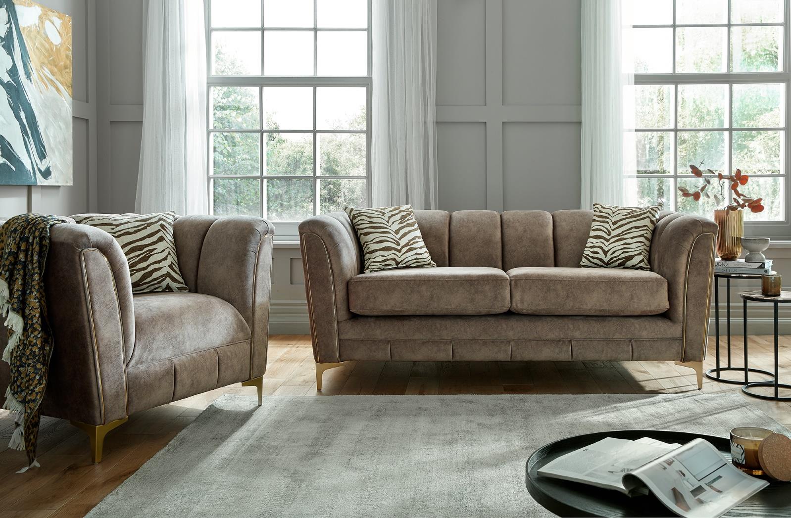 Miami 3 Seater Sofa In Dapple Chocolate Brown Fabric With Zebra Truffle Scatters